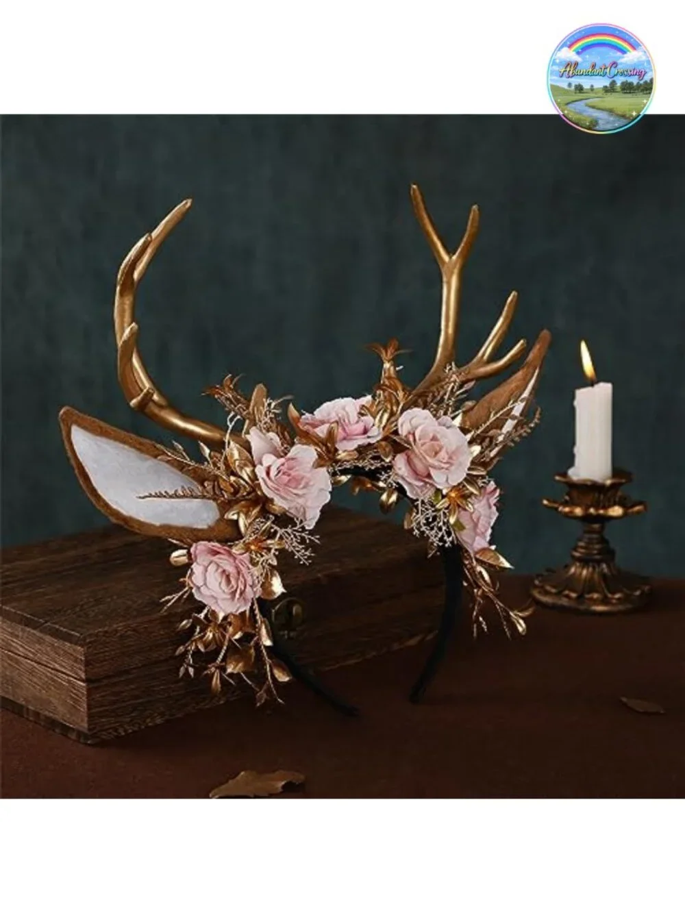 Handmade Gold Flower Antler Headband - Woodland Floral Reindeer Headpiece with